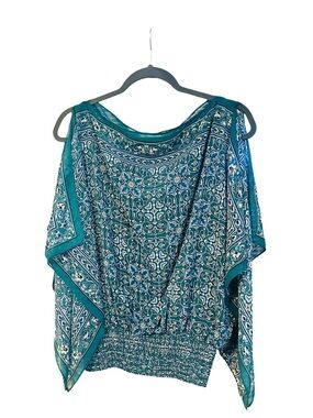 Max Studio Teal Floral Boho Blouse with Smocked Waist